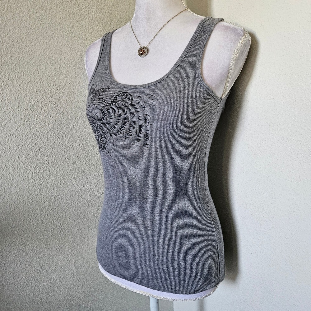 Aeropostale Gray Ribbed Butterfly Rhinestone Tank Top Y2K